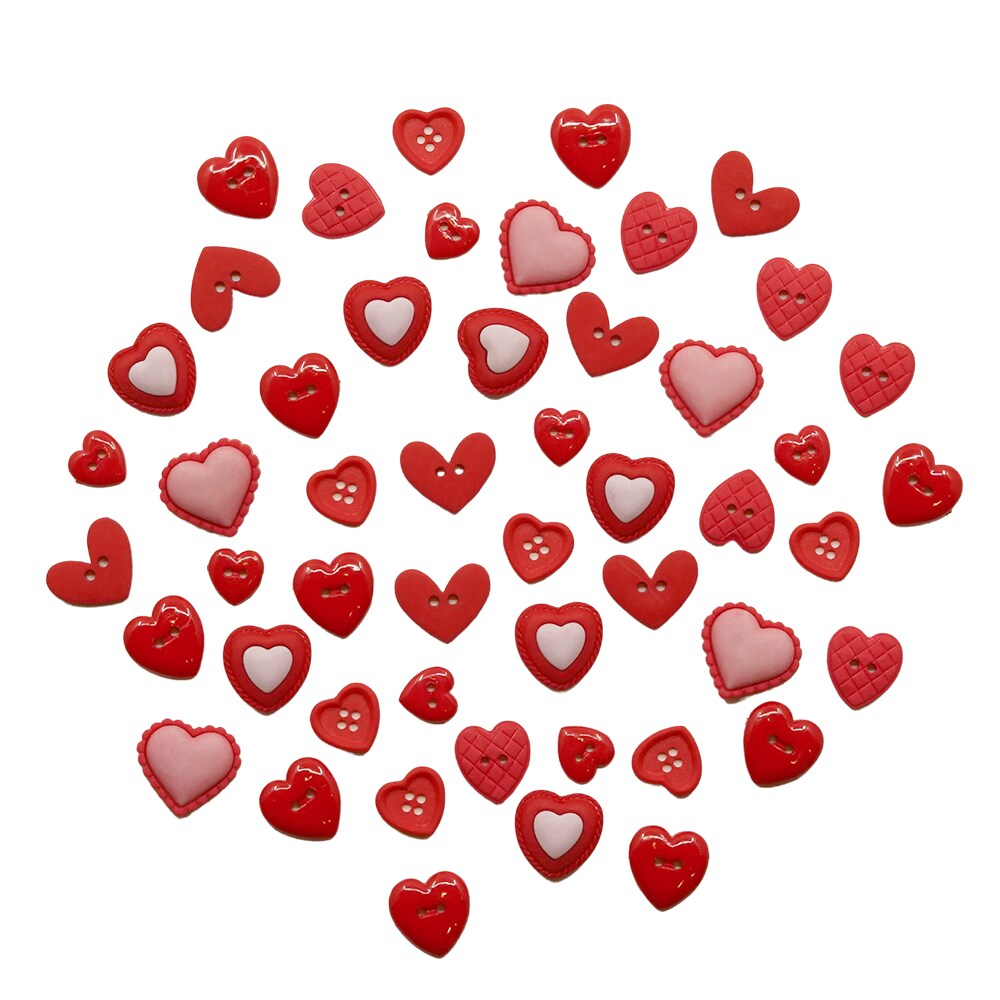 Heart Button Assortment &#x2013; 50 Red &#x26; Pink Valentine&#x2019;s Day Buttons for Sewing &#x26; Crafts &#x2013; Resin Novelty Heart Designs
