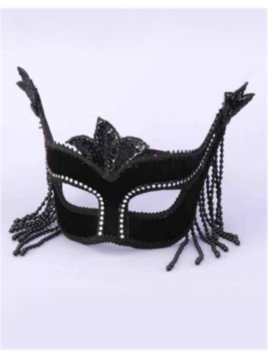 Deluxe Costume Black Venetian Carnival Mask With Rhinestones and Hanging Beads