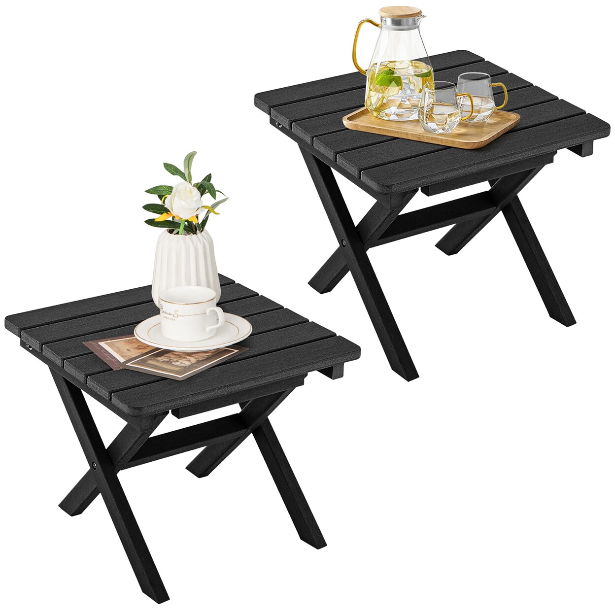 2 Pieces Folding Adirondack Side Table Poolside Garden Patio Black