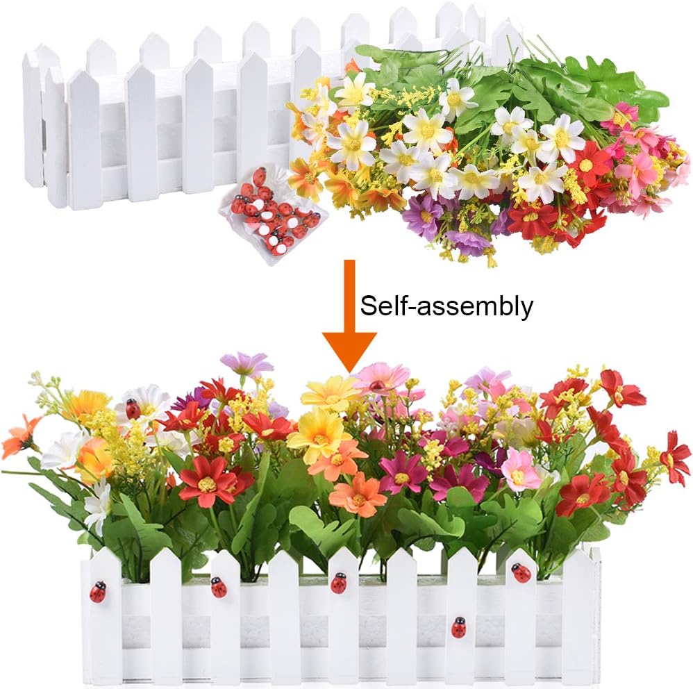 Daisy Dreams: Mixed Color Artificial Flower Plants in Picket Fence Pots - Set of 2