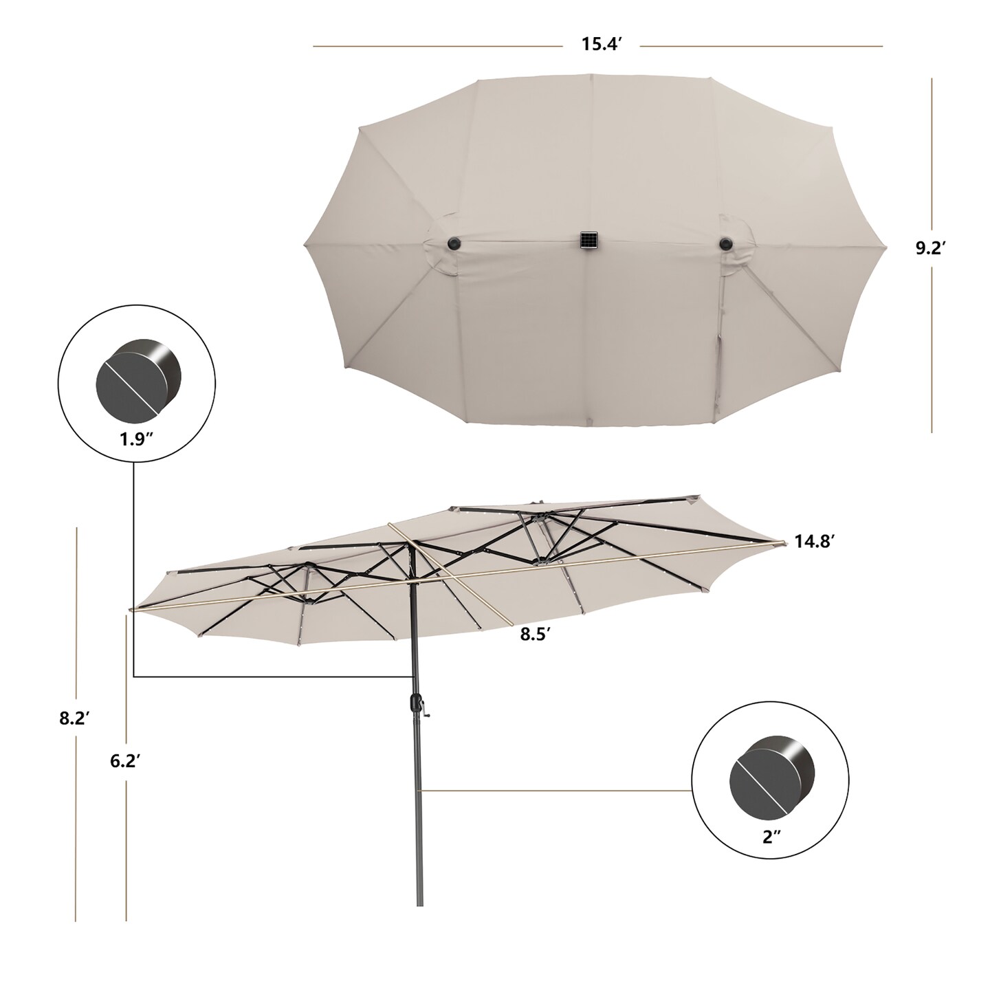 Costway 15FT Twin Patio Double-Sided Umbrella 48 Solar LED Lights Crank Outdoor Wine\Beige\Coffee\Orange\Turquoise