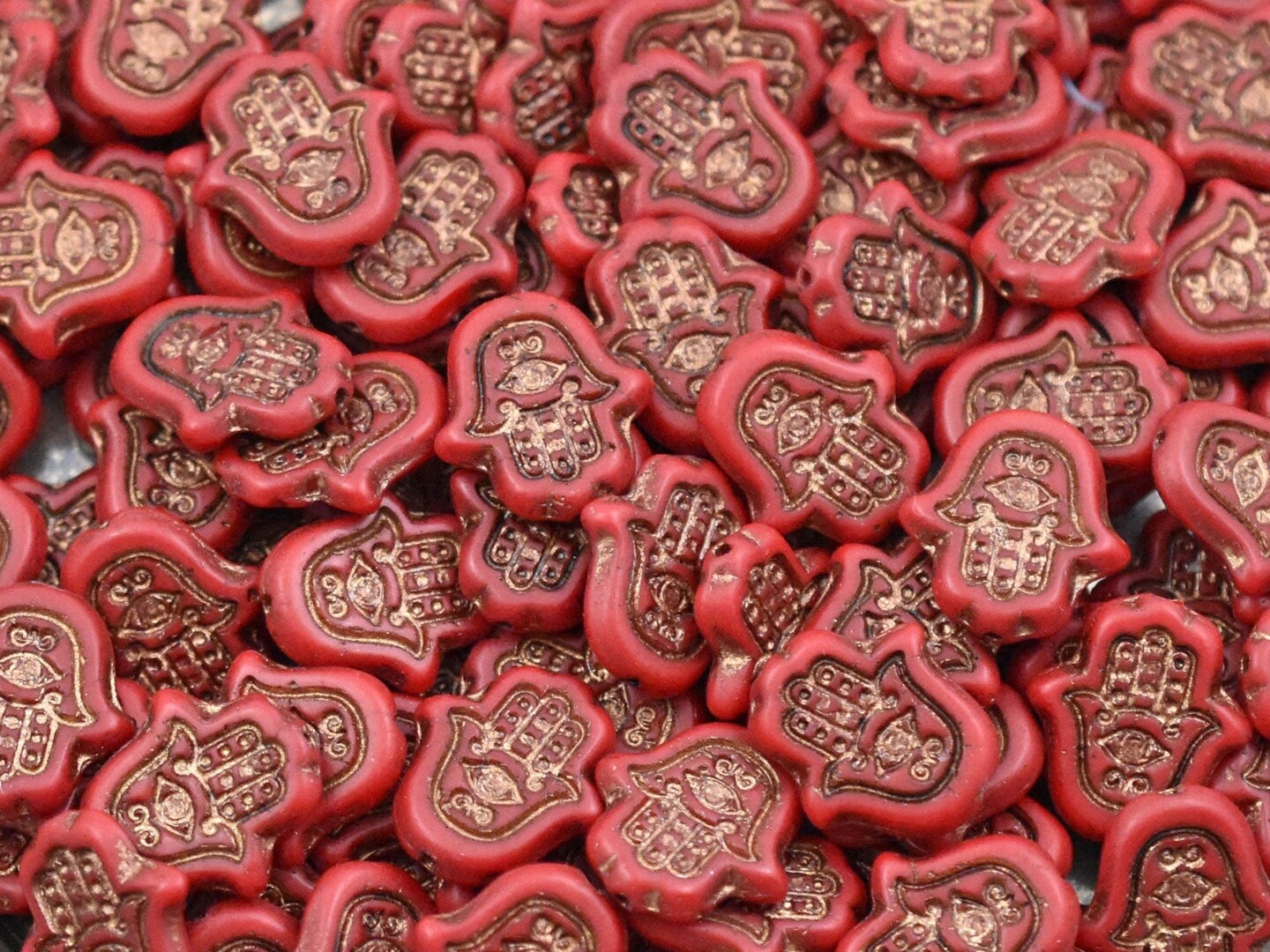 *4* 15x14mm Bronze Patina Washed Matte Red Hamsa Hand Beads