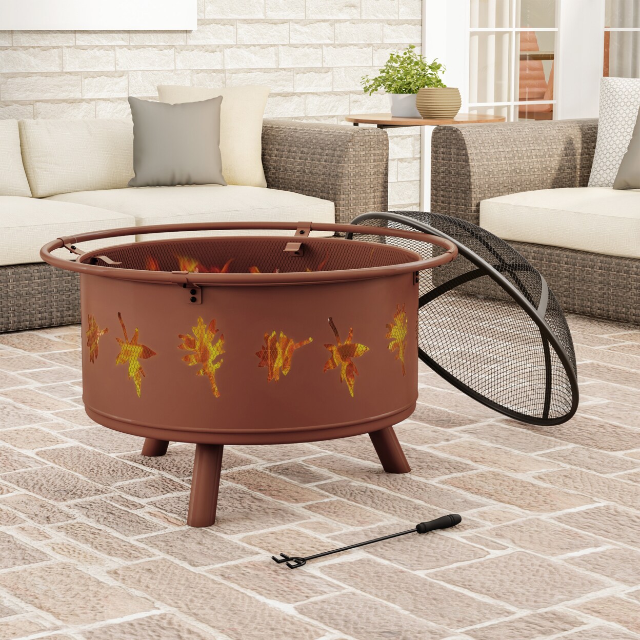 Pure Garden Outdoor Deep Fire Pit- Round Large Steel Bowl with Leaf Cutouts Mesh Spark Screen Log Poker and Storage Cover