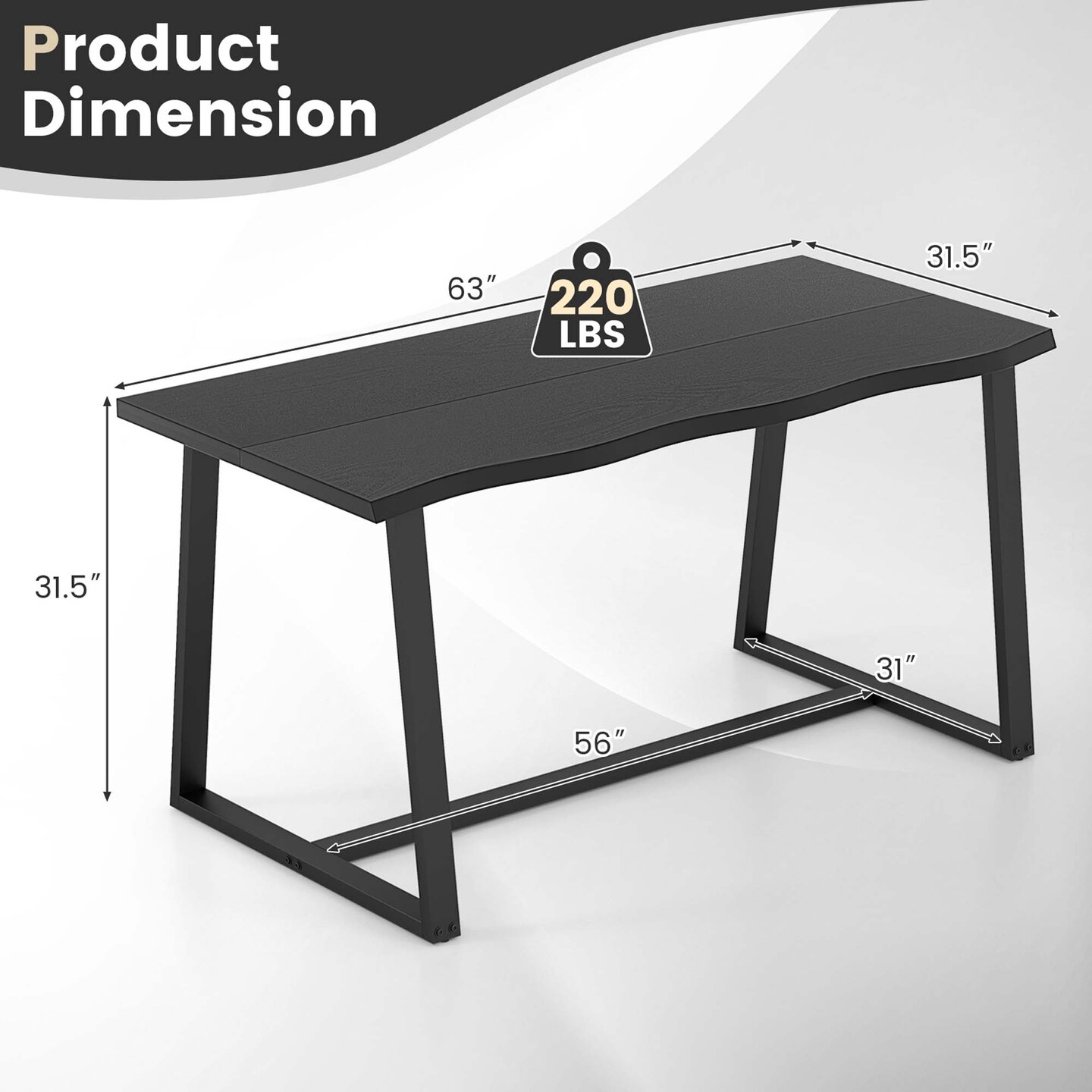 Costway 63&#x22; Large Dining Table for 4-6 People with Wavy Edge Heavy-duty Metal Frame Coffee/Black