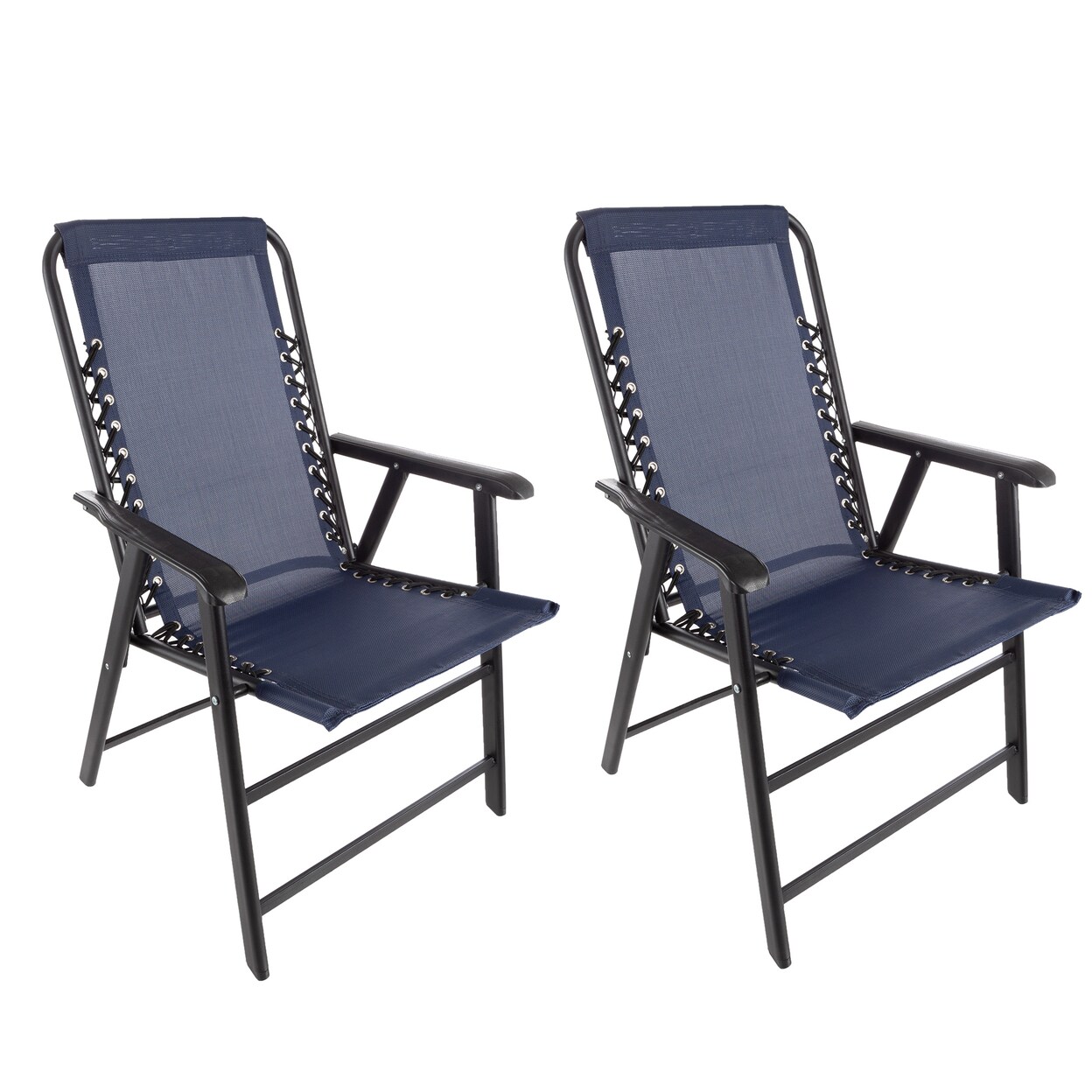 Set Of 2 Navy Folding Camping Chairs Textilene Bungee Suspension Portable Lounge