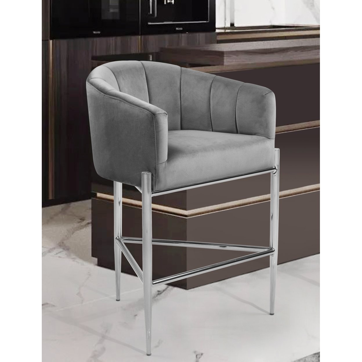 Iconic Home   Ardee Counter Stool Chair Velvet Upholstered Shelter Arm Shell Design 3 Legged Chrome Tone Solid Metal Base