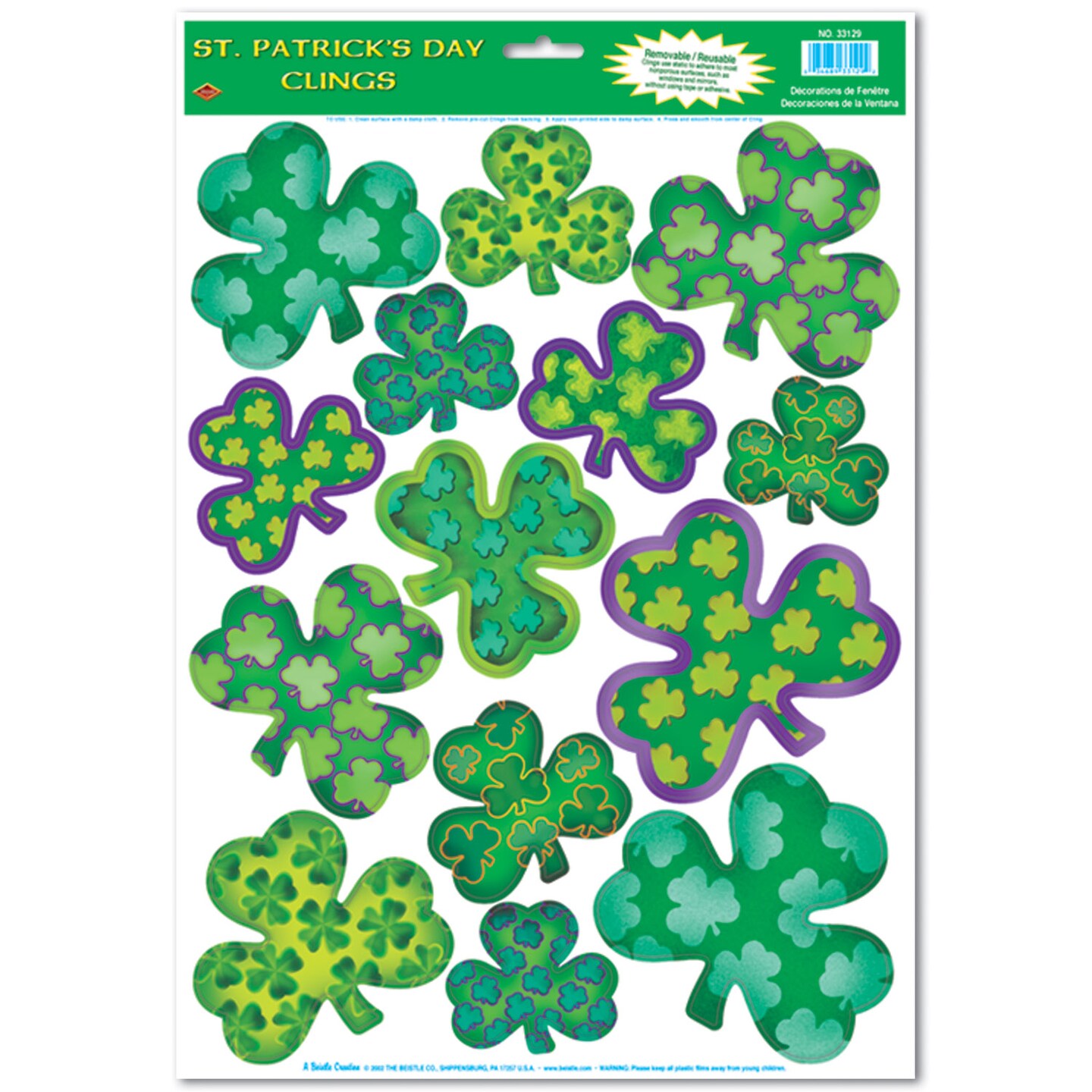 St. Patricks Theme - Irish-Mood Shamrock Clings - Pack of 12