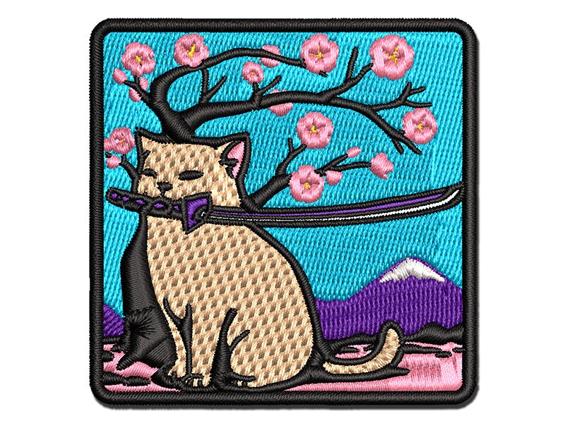 Samurai Cat Under Sakura Cherry Blossom Multi-Color Embroidered Iron-On or Hook &#x26; Loop Patch Applique