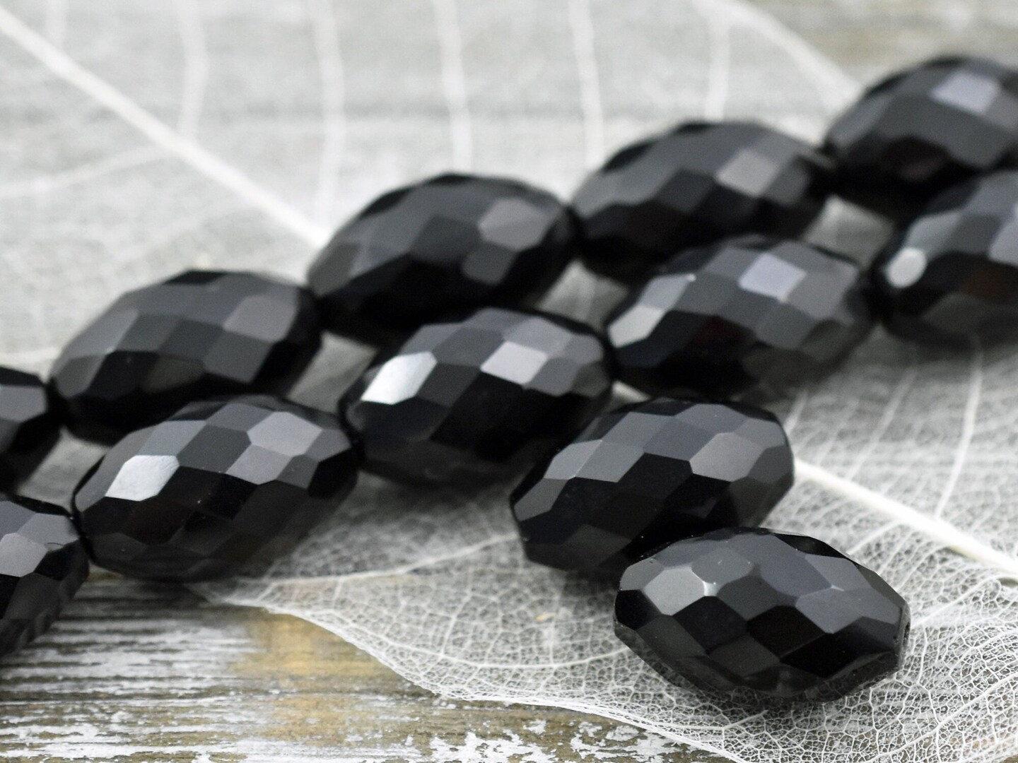 *6* 12x20mm Jet Black Faceted Oval Fire Polished Beads