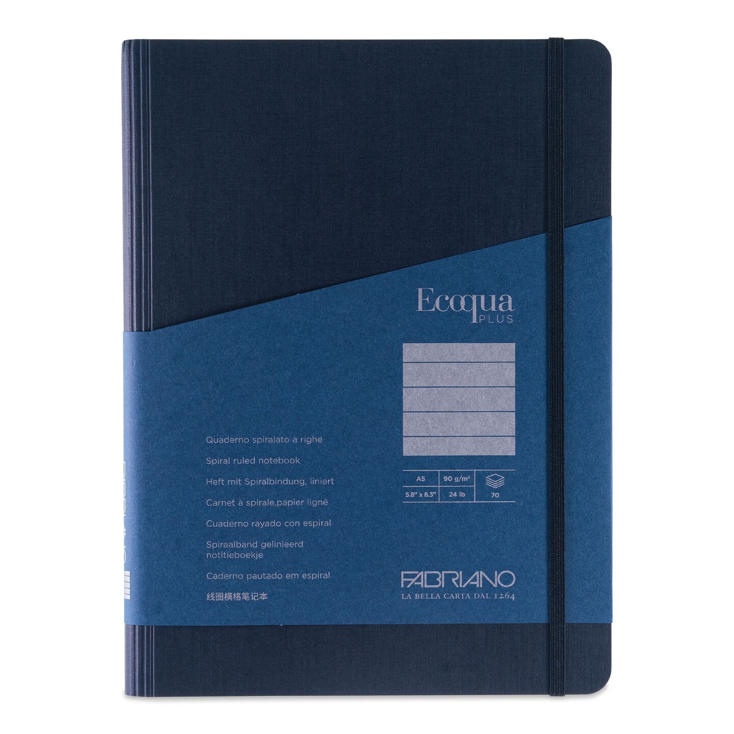 Fabriano Ecoqua Plus Hidden Spiral-Bound Notebook - Navy, 8-1/4&#x22; x 5-4/5&#x22;, Ruled