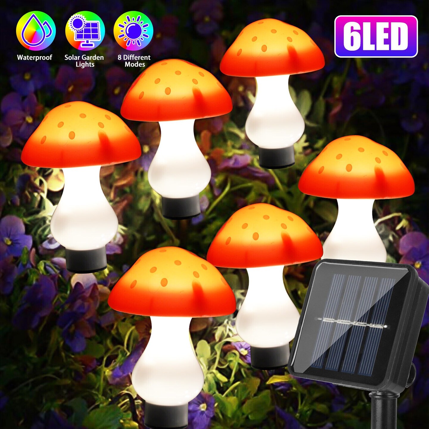 Solar Mushroom Fairy String Lights 6 LED Outdoor Garden Decor Yard Pathway Lamp