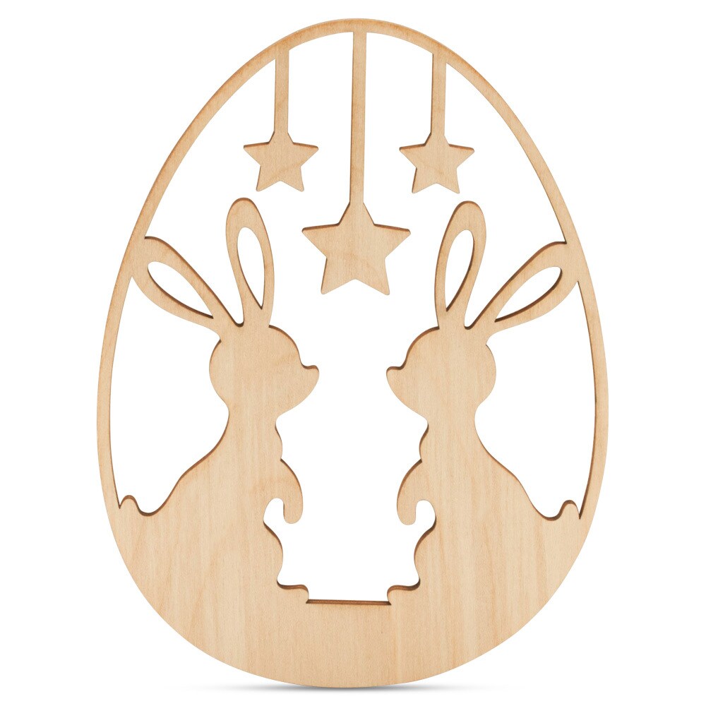 Wood Egg Cutout w/ Bunnies & Stars 3"-24”, 1/8" Thick |Woodpeckers
