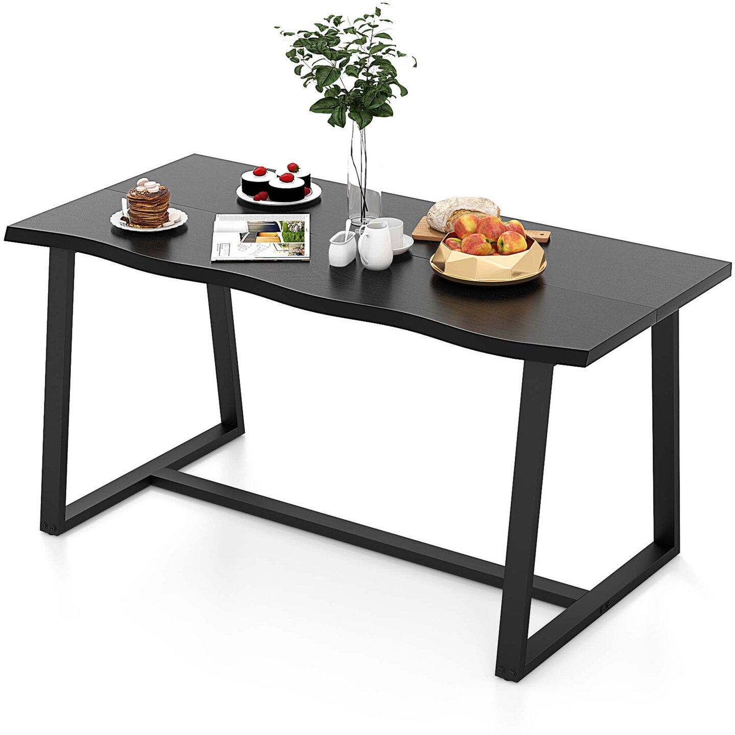 Costway 63&#x22; Large Dining Table for 4-6 People with Wavy Edge Heavy-duty Metal Frame Coffee/Black