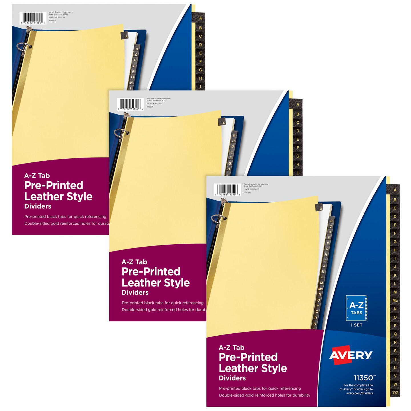 Avery A-Z Dividers for 3 Ring Binders, 25-Tab Sets, Pre-Printed Black Leather Tabs, 3 Binder Divider Sets (21350)