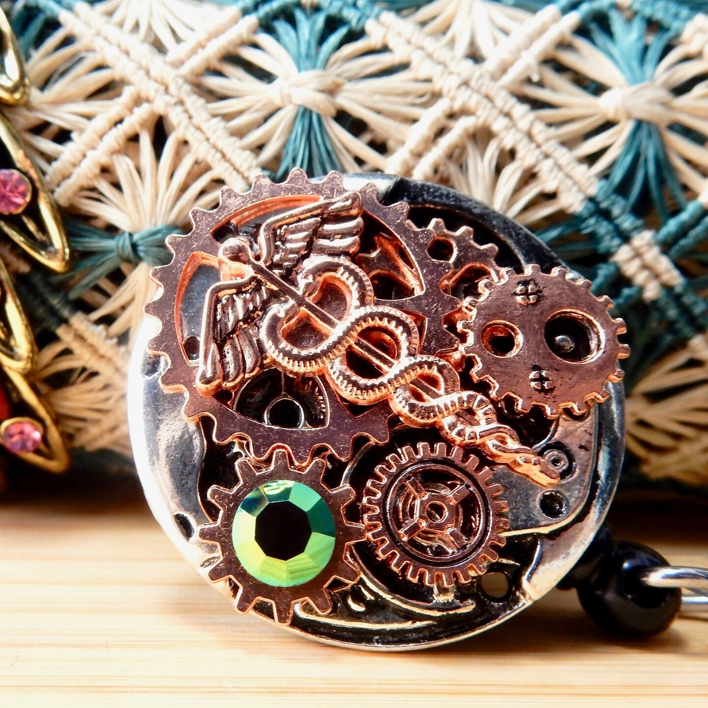 Custom Crystal Badge Reel, Steampunk Caduceus Retractable Badge Clip ...