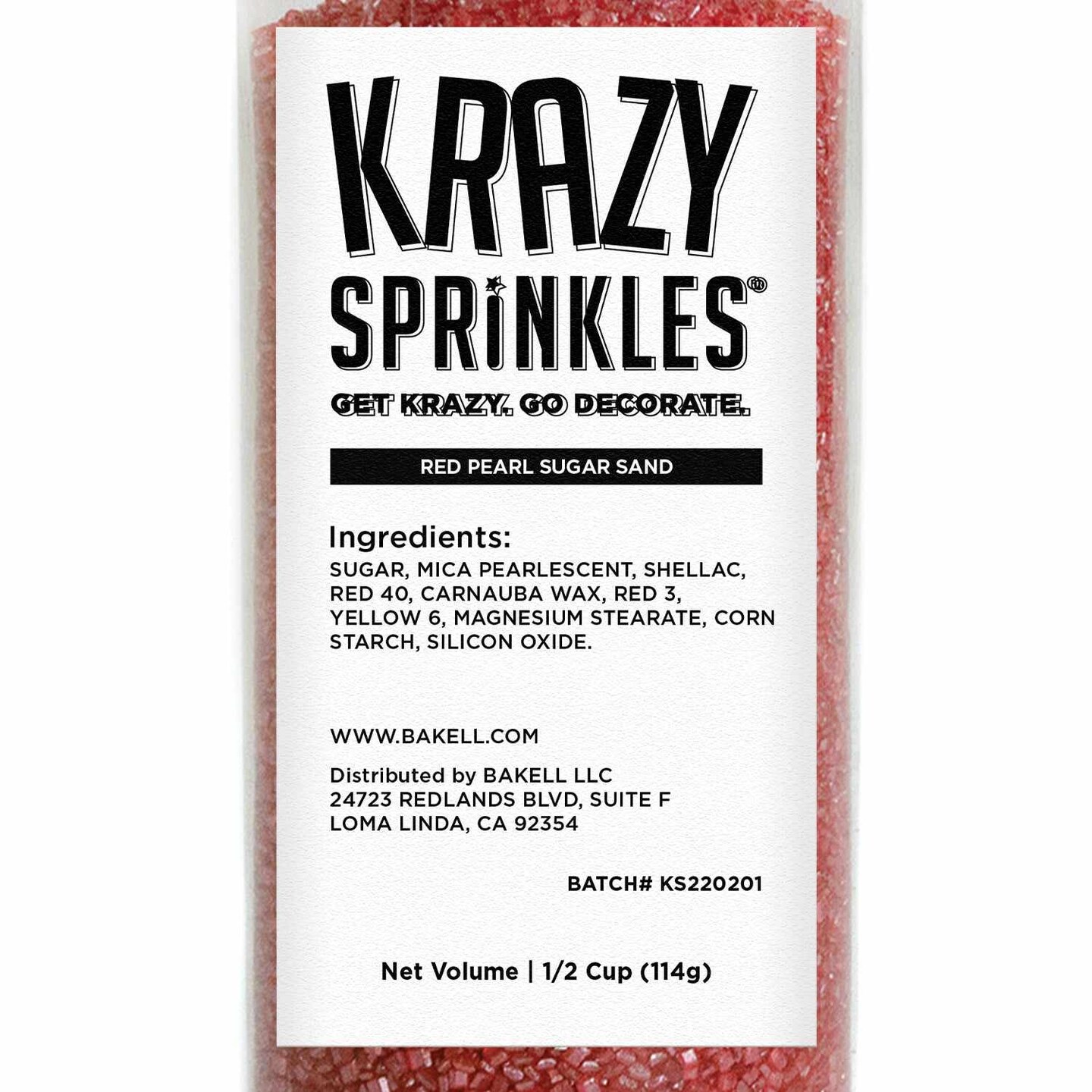 Krazy Sprinkles - Red Pearl Sugar Sand (1/2 Cup, 1x Jar) for Cakes, Ice Cream & Cookies