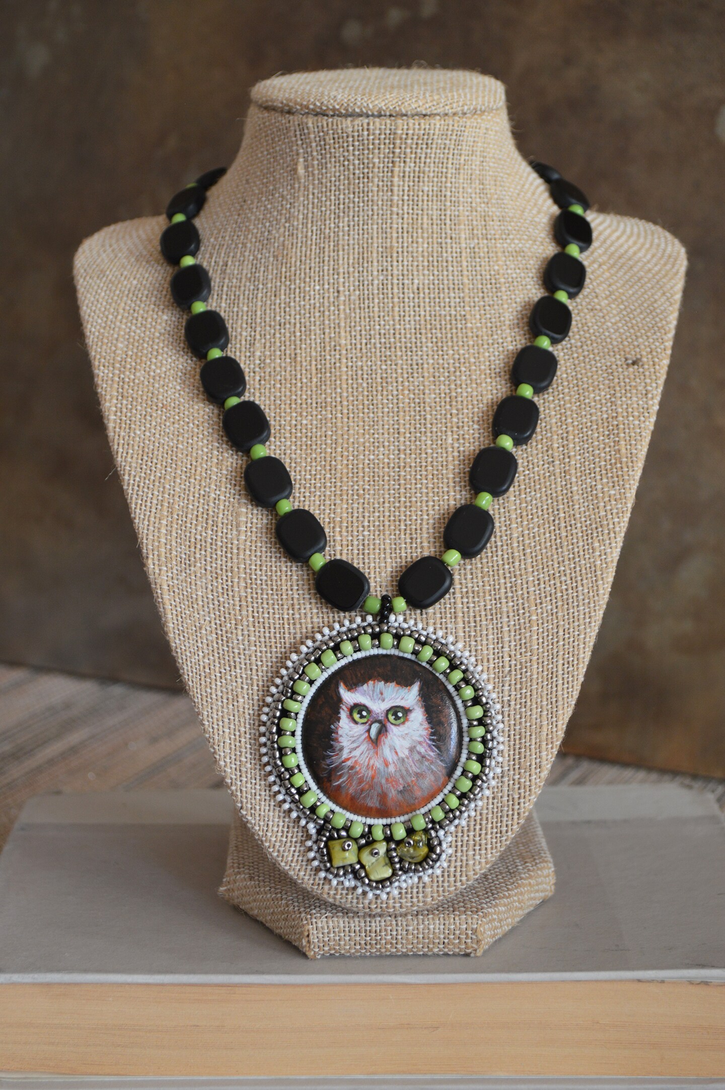 Bead Embroidered Owl shops Necklace