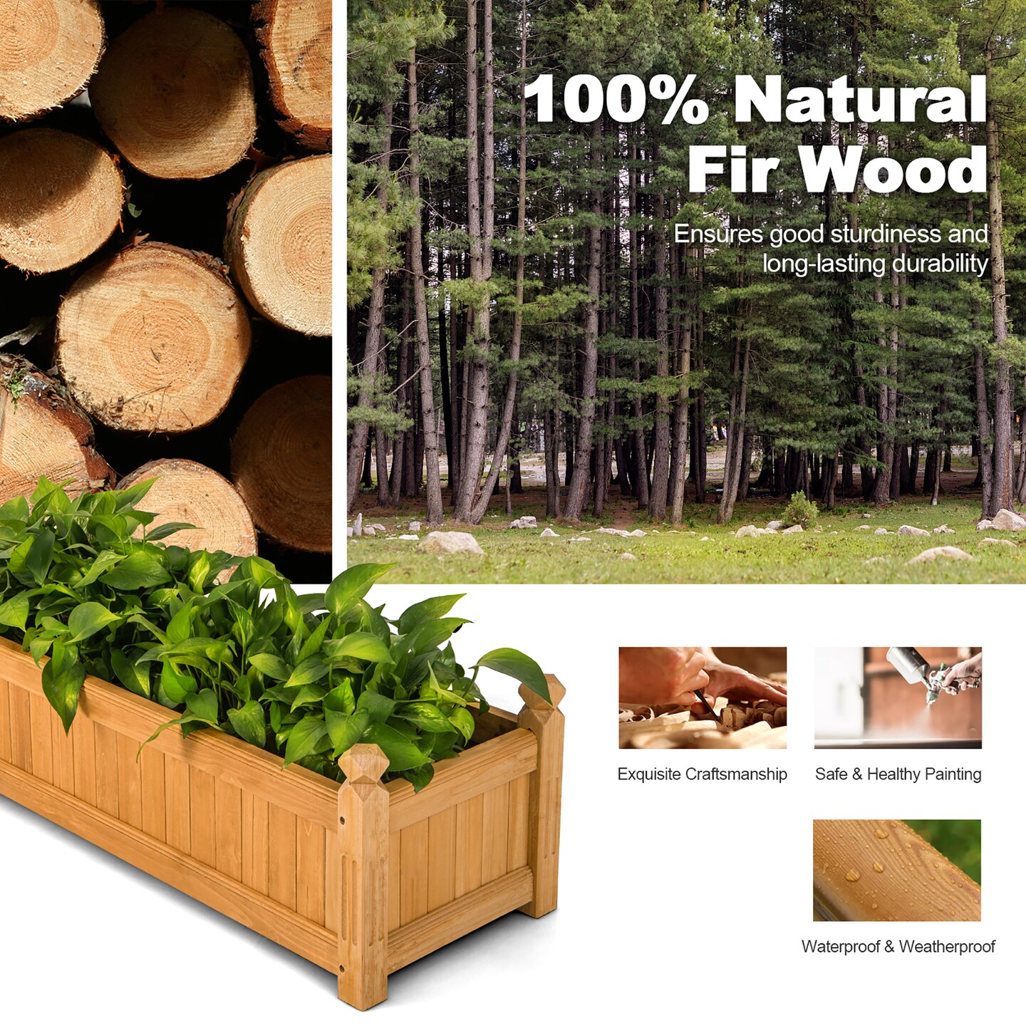 Costway Wooden Rectangular Planter Box Raised Garden Bed for Plants with 4 Corner Drainage