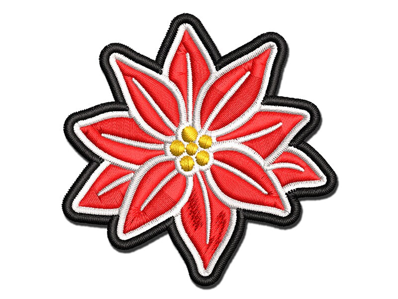 Poinsettia Flower Christmas Multi-Color Embroidered Iron-On or Hook &#x26; Loop Patch Applique