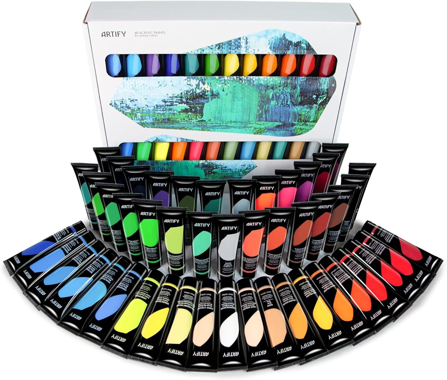 ARTIFY Acrylic Paint, Set Of 48 Color (1.29 oz, 38ml) with a storage box, Rich Pigments, Non Fading, Non Toxic Paints for Artist, Hobby Painters & Kids, Art Supplies for Canvas Painting
