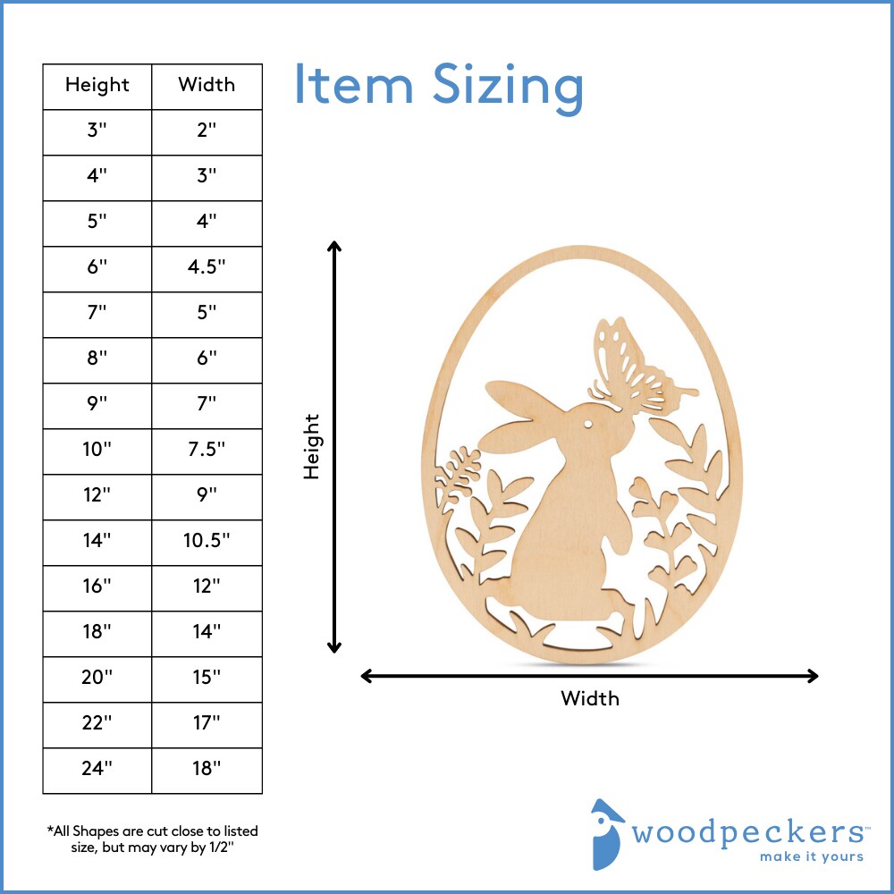 Wood Easter Egg Cutout w/ Bunny Detail 3&#x22;-24&#x201D;, 1/8&#x22; Thick |Woodpeckers