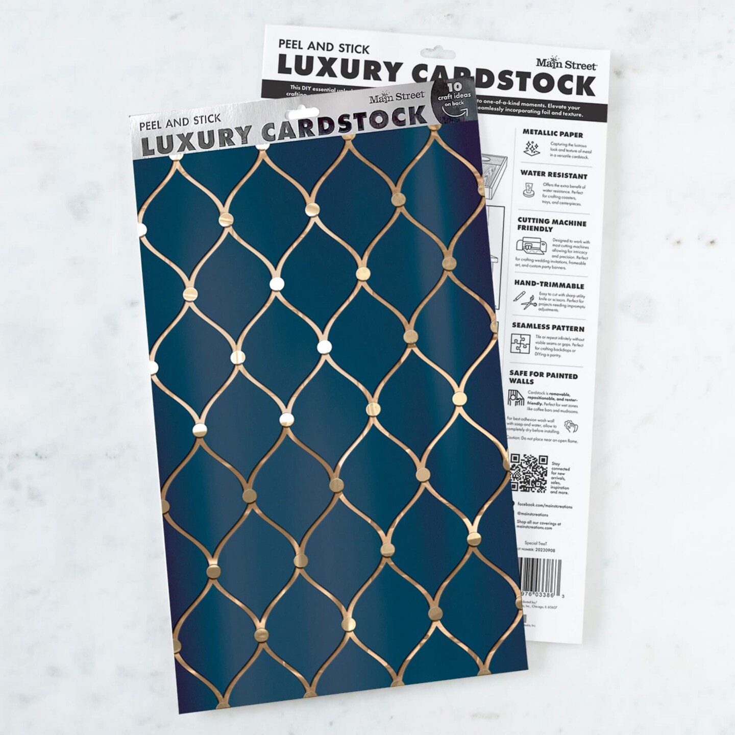 Peel and Stick Craft Paper. Navy and Gold Geometric Print. 12-Pack of mbossed Peel and Stick Cardstock