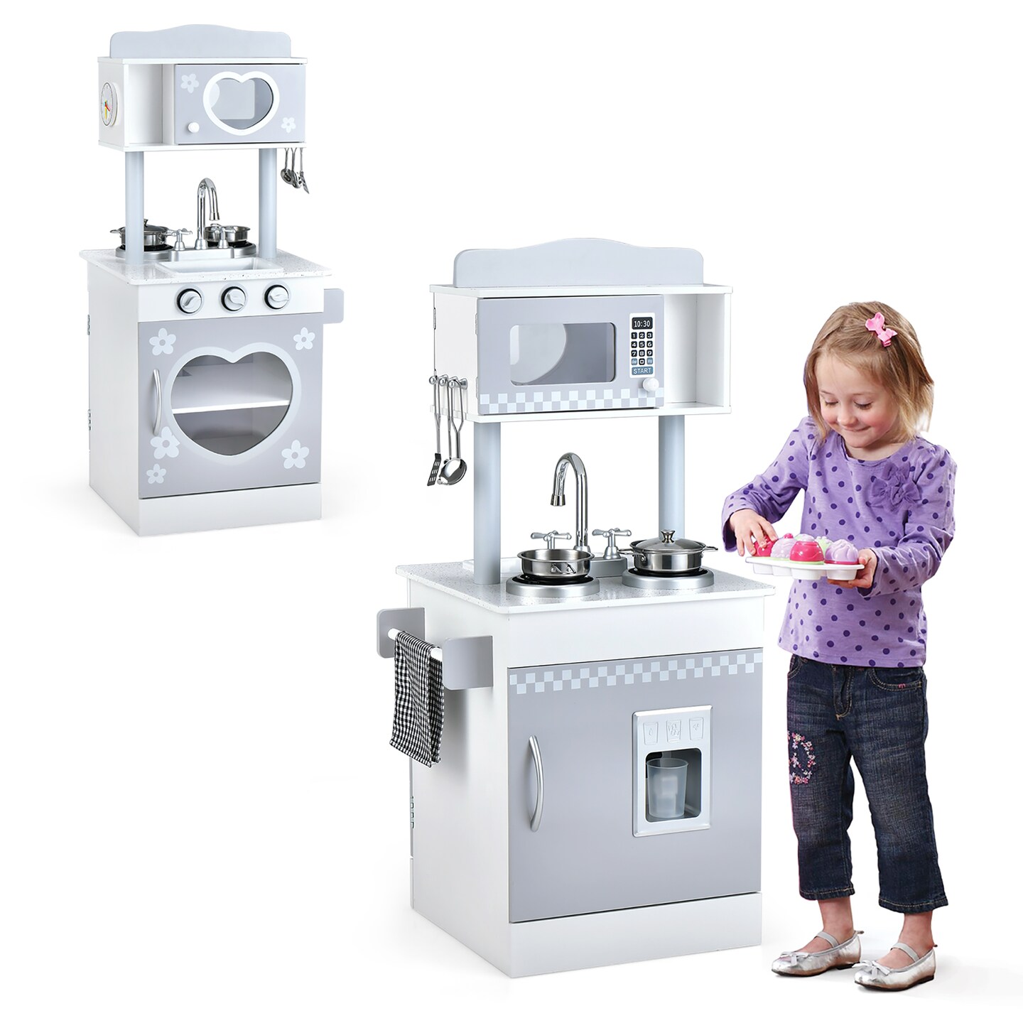 Costway Kids Kitchen PlaySet Pretend Wooden Play Kitchen with IceDispenser&#x26;Stovefor Toddler