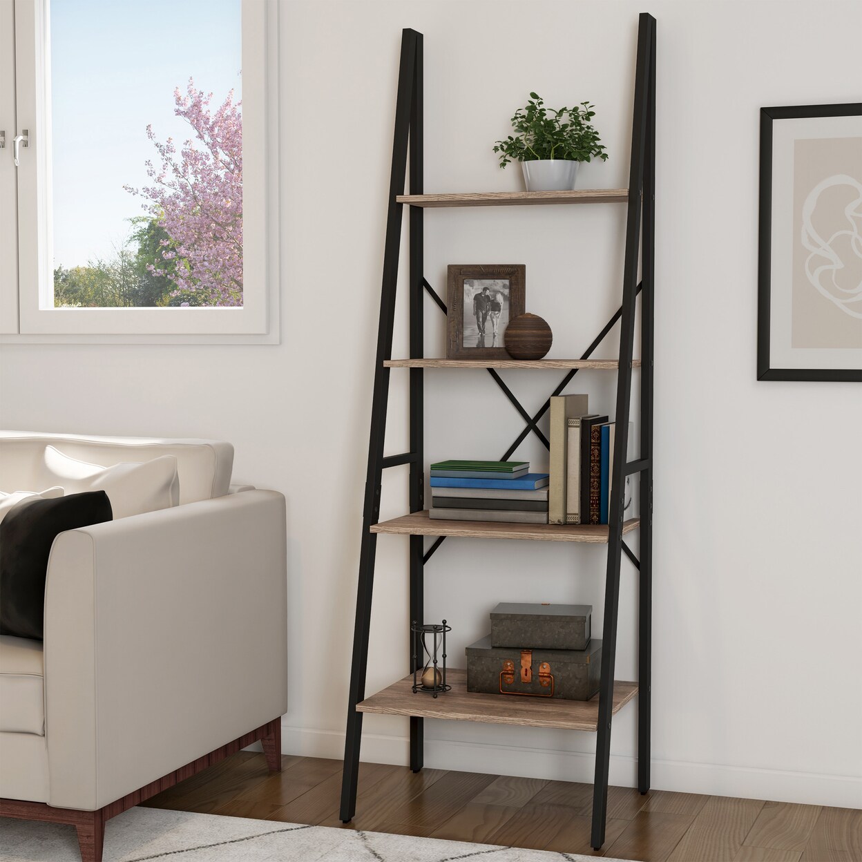 Ladder Shelf 4 Tier Leaning Decorative Black Gray Metal Stand 23.5X19.5X72in
