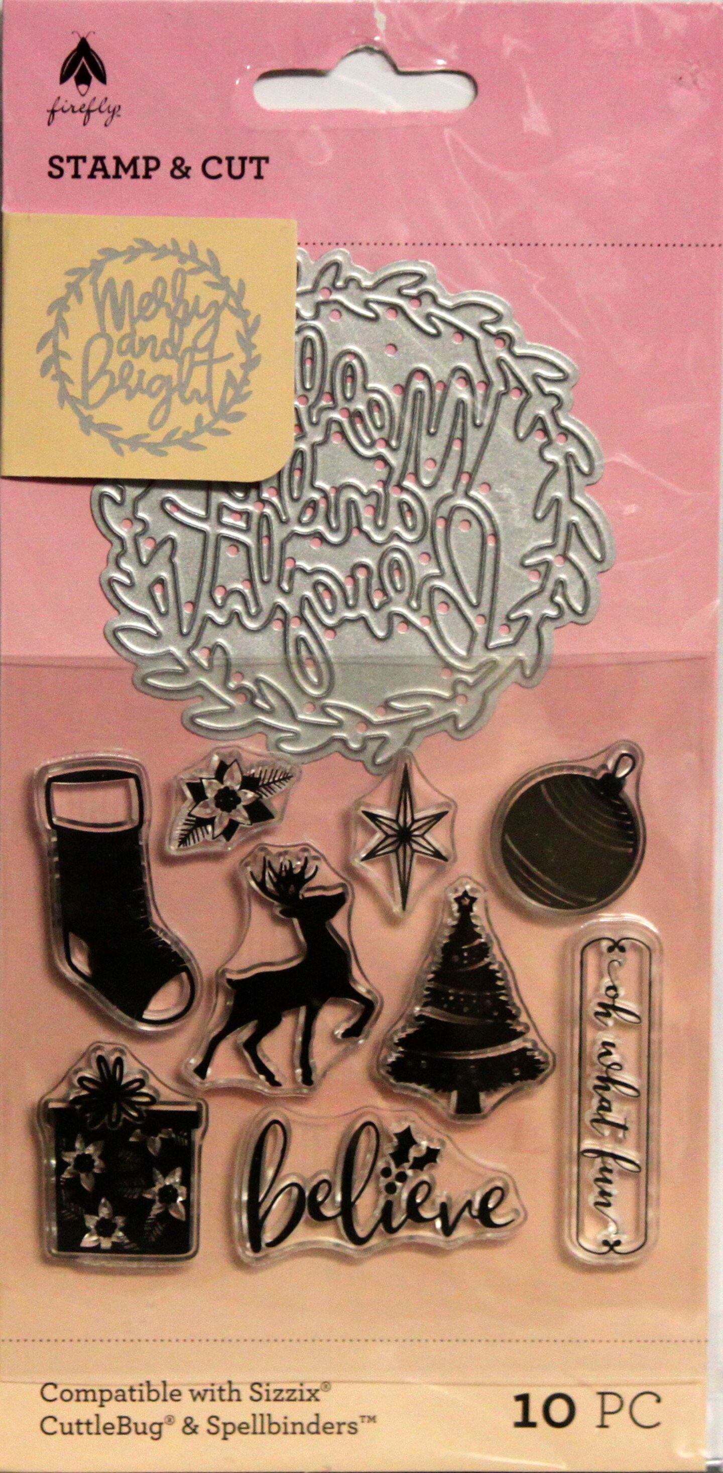 Firefly Stamp &#x26; Cut Merry And Bright Stamp &#x26; Cutting Die 10 Piece Set