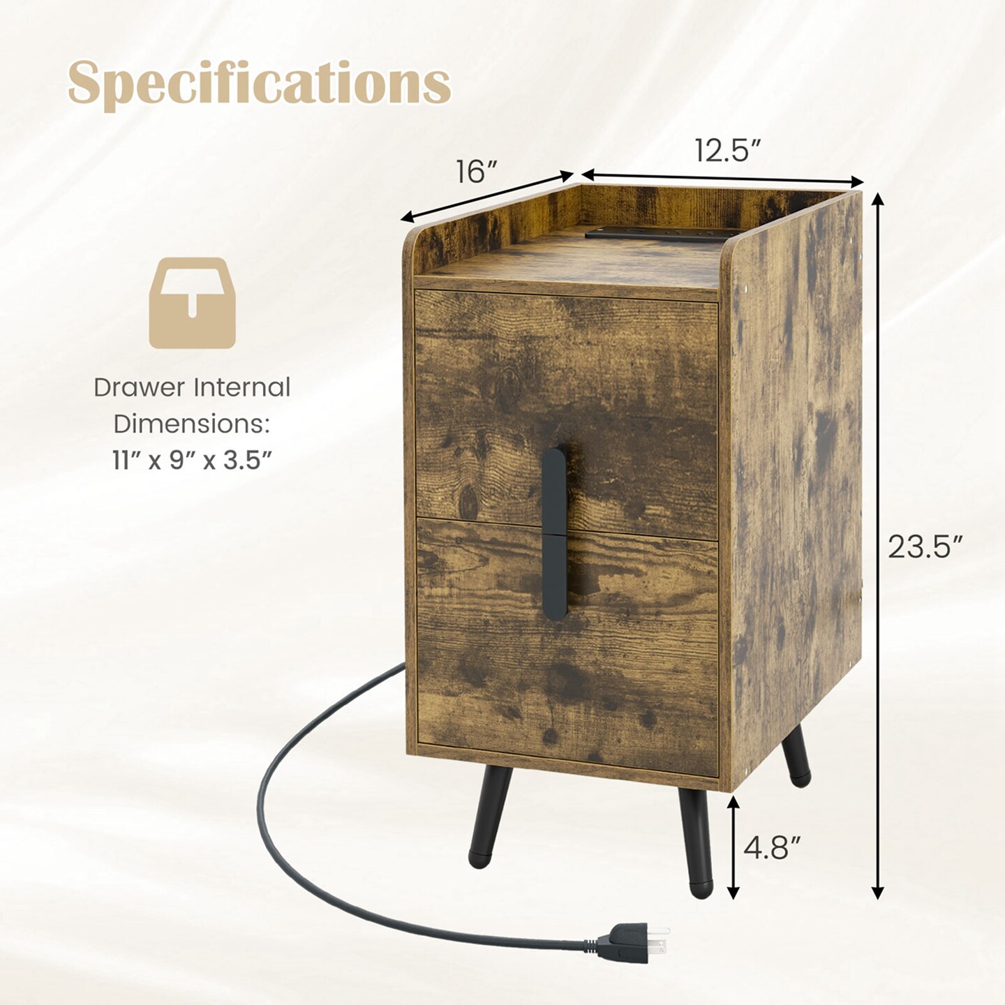 Costway Nightstand with Charging Station Home Bedside Sofa Side Tables with 2 Drawers Coffee/White/Black