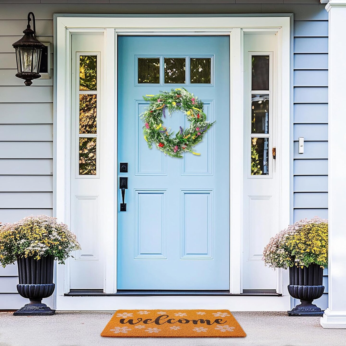 Spring Floral Welcome: Doormat and Wreath Set for a Cheerful Home Entrance