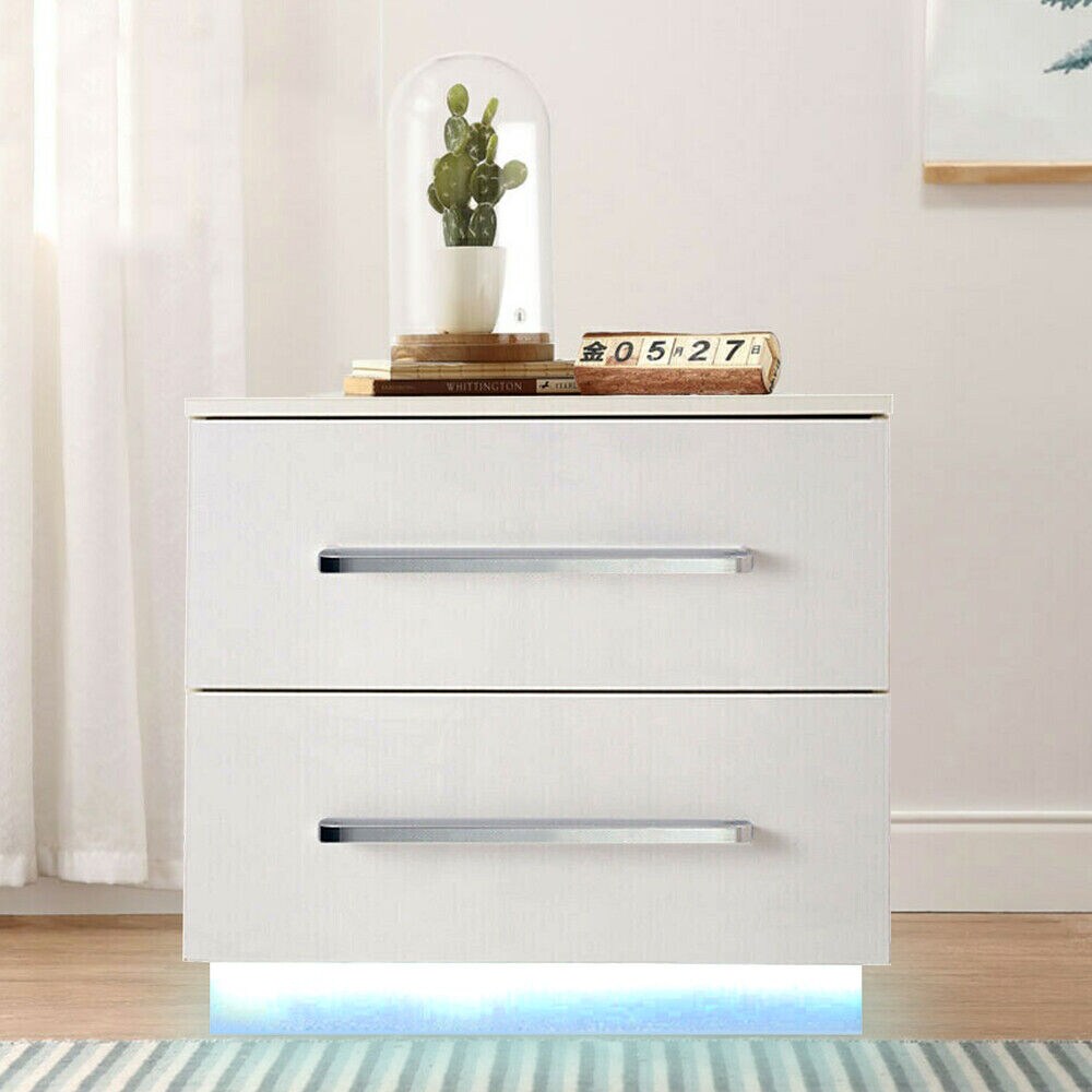 Kitcheniva High Gloss Nightstand with LED Light 2 Drawers