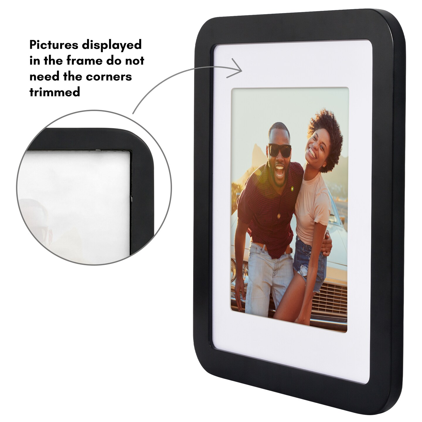 Americanflat Curved Corner Photo Frame with Mat - Picture Frame with Round Corners - Shatter Resistant Glass - Triangle Hanging Hardware - Includes Easel - Black