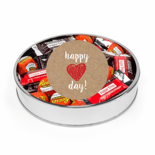 Valentine&#x27;s Day Sugar Free Candy Gift Tin Large Plastic Tin with Sticker and Hershey&#x27;s Chocolate &#x26; Reese&#x27;s Mix