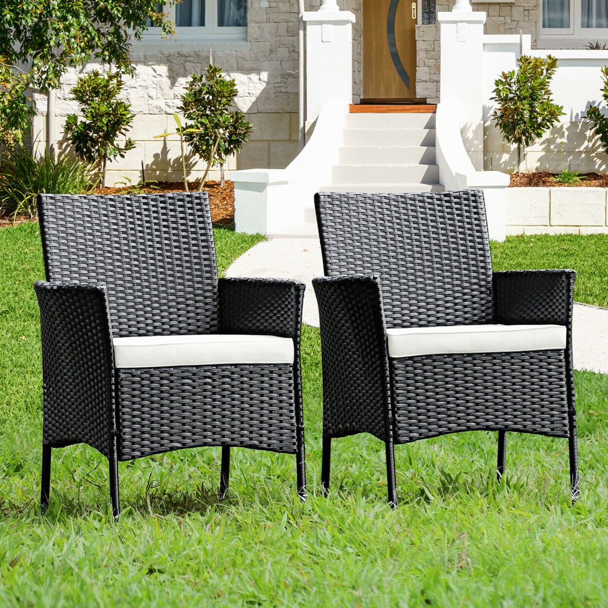 2Pcs Patio Rattan Arm Dining Chair Cushioned Sofa Furniture Black
