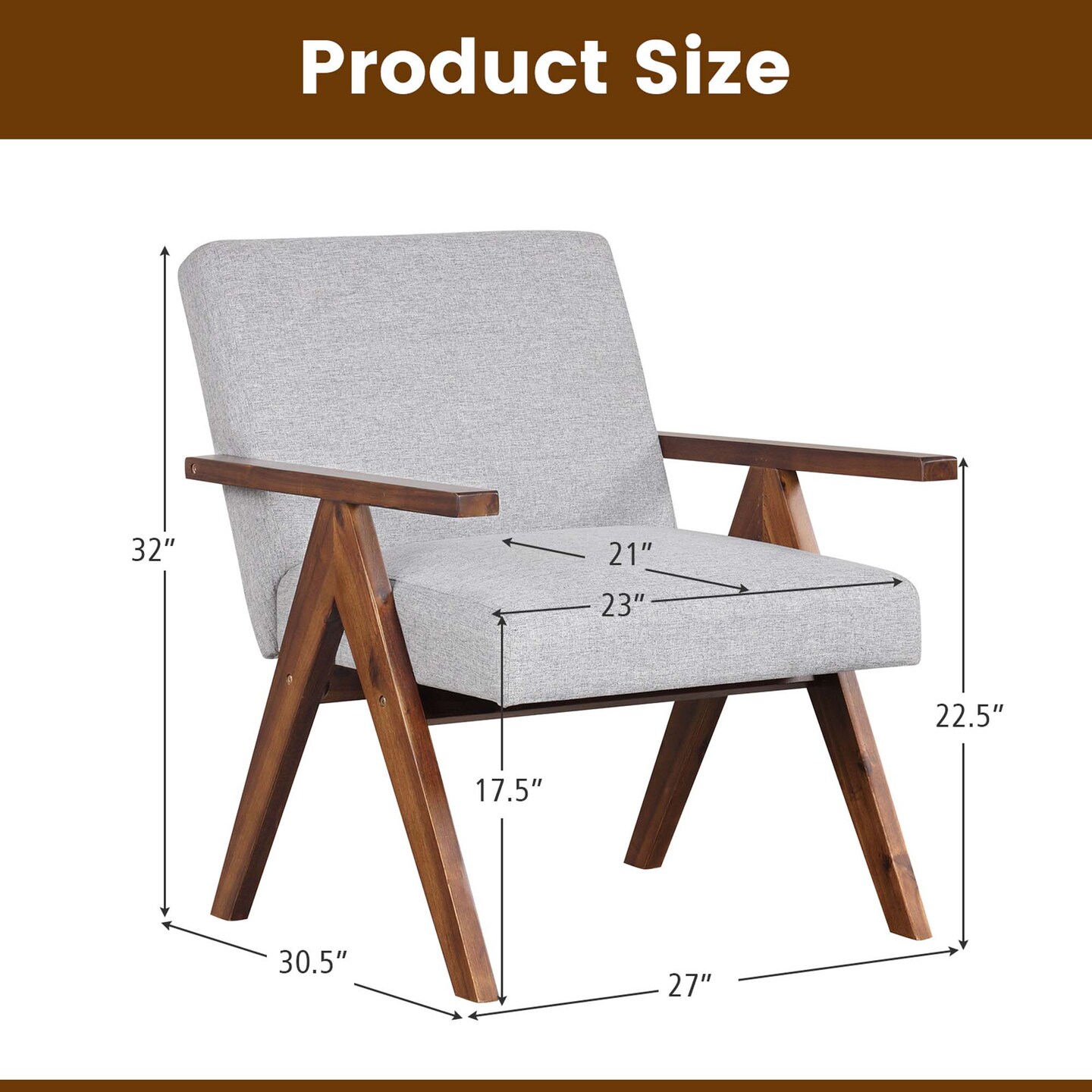 Costway 1 PCS Modern Accent Chair Linen Fabric Armchair with Solid Acacia Wood Frame Beige/Grey