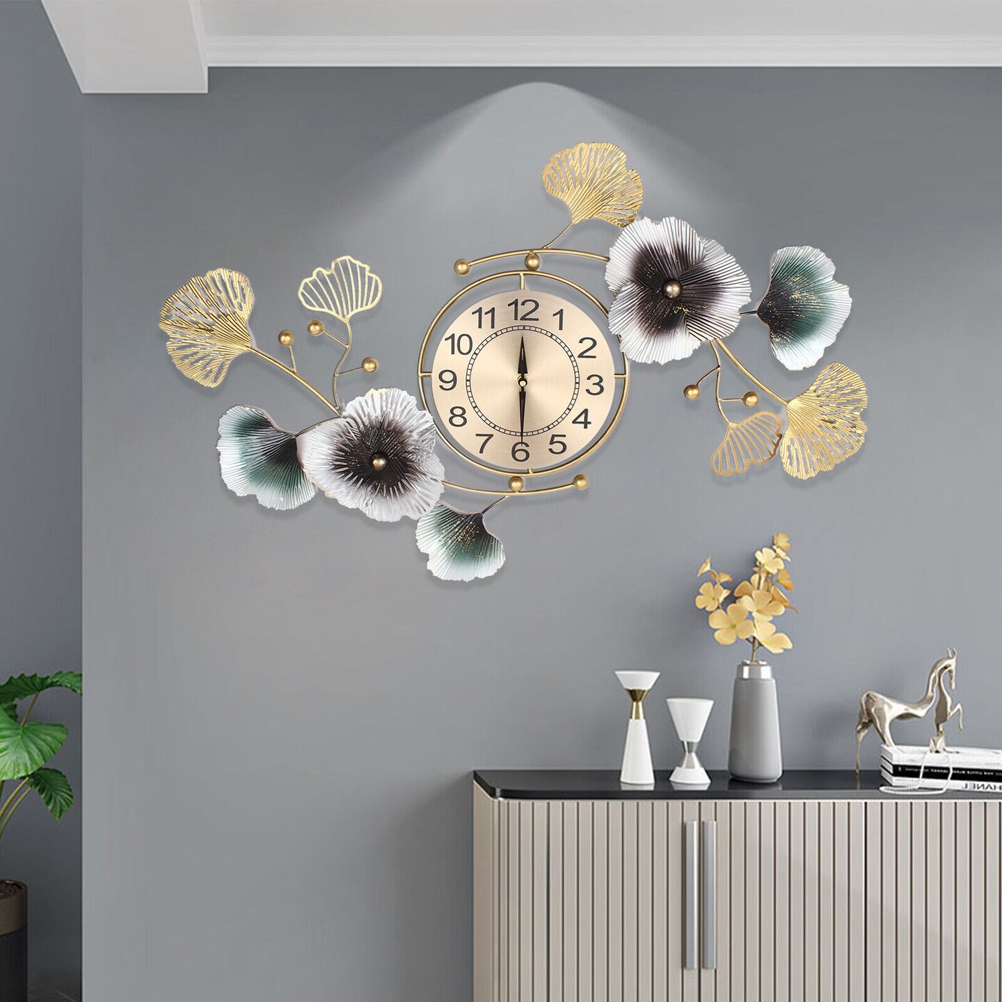 Large Wall Clock Ginkgo Leaf Metal Wall Watch Living Room Home Decor