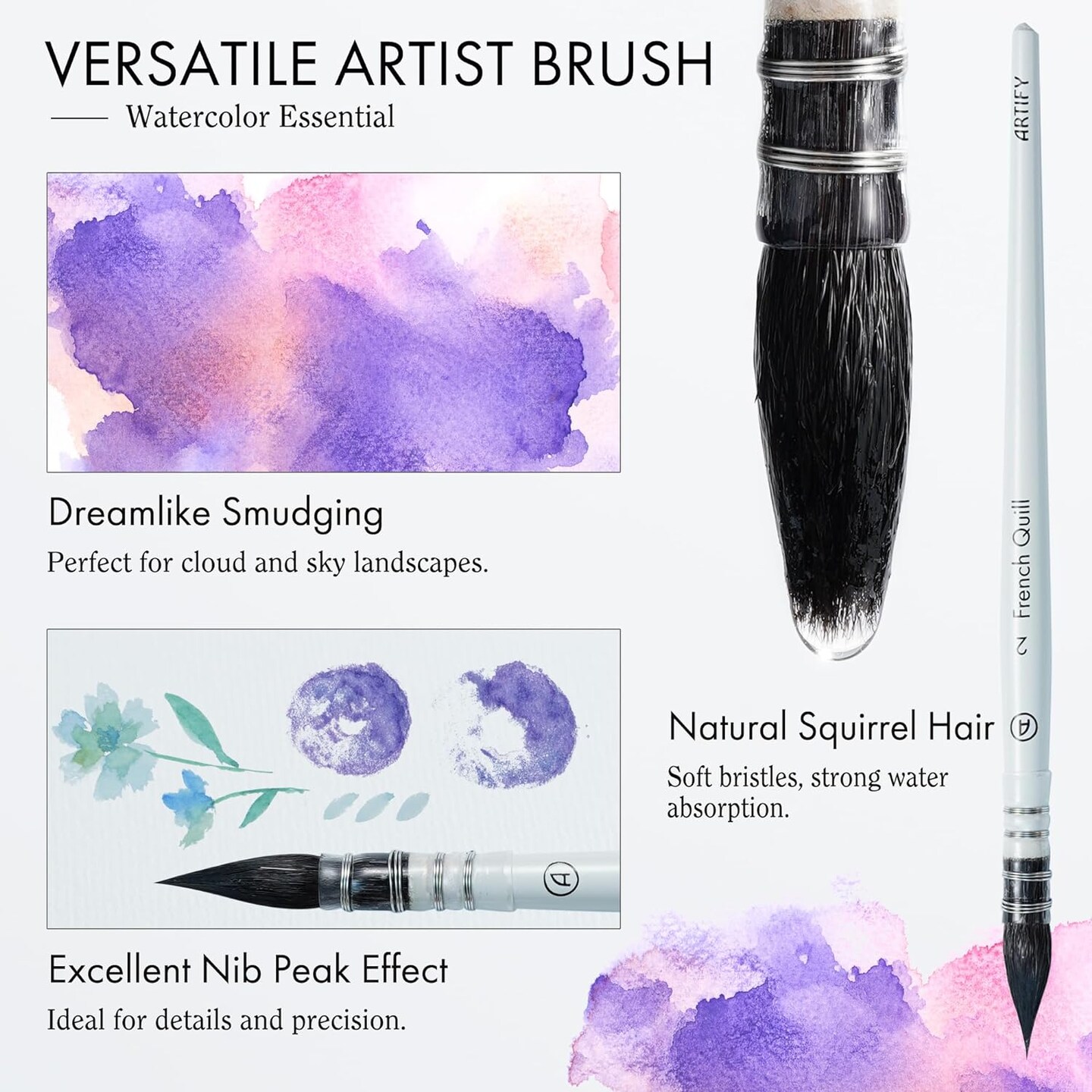 ARTIFY 9 PCS Floral Watercolor Brushes for Beginners &#x26; Pros | Artist Paint Brushes for Watercolor, Gouache &#x26; Acrylic | Round, Flat, Dagger, Cat&#x2019;s Tongue, Detail Bruhes &#x26; Squirrel Hair Quill Brush