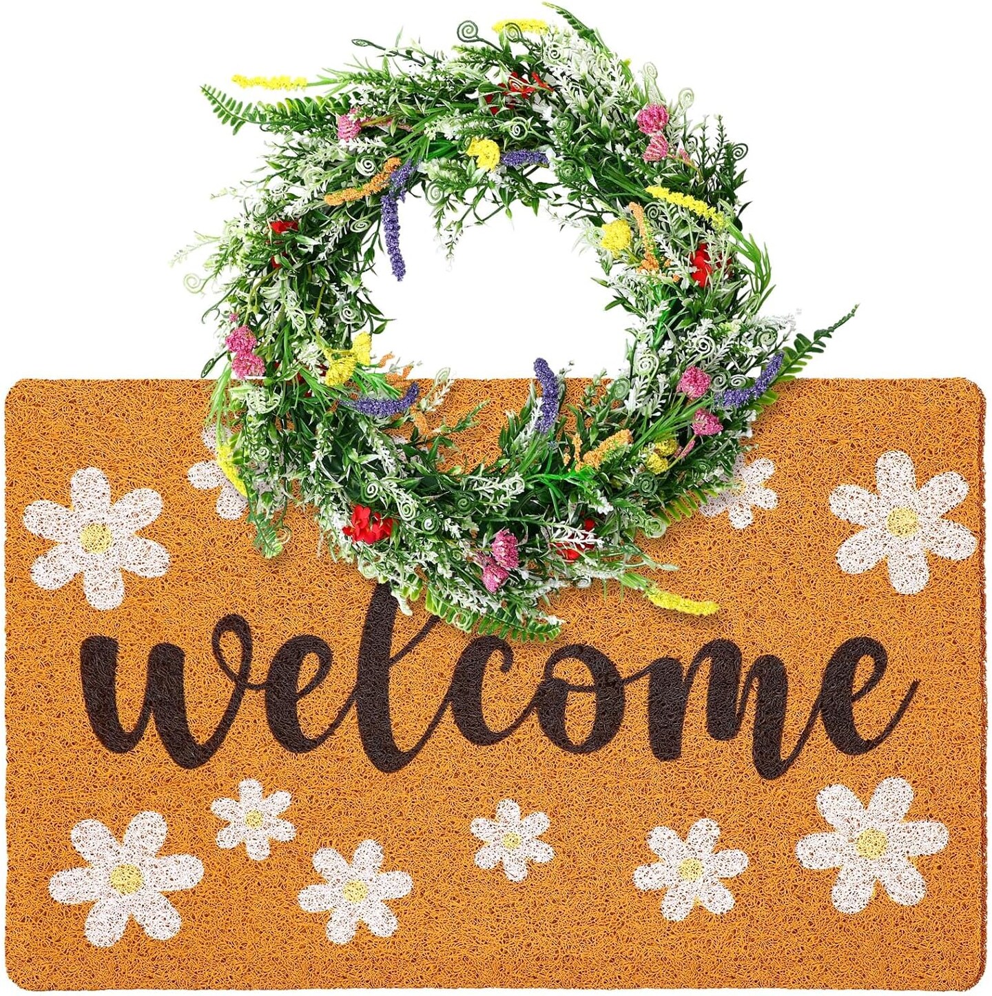 Spring Floral Welcome: Doormat and Wreath Set for a Cheerful Home Entrance