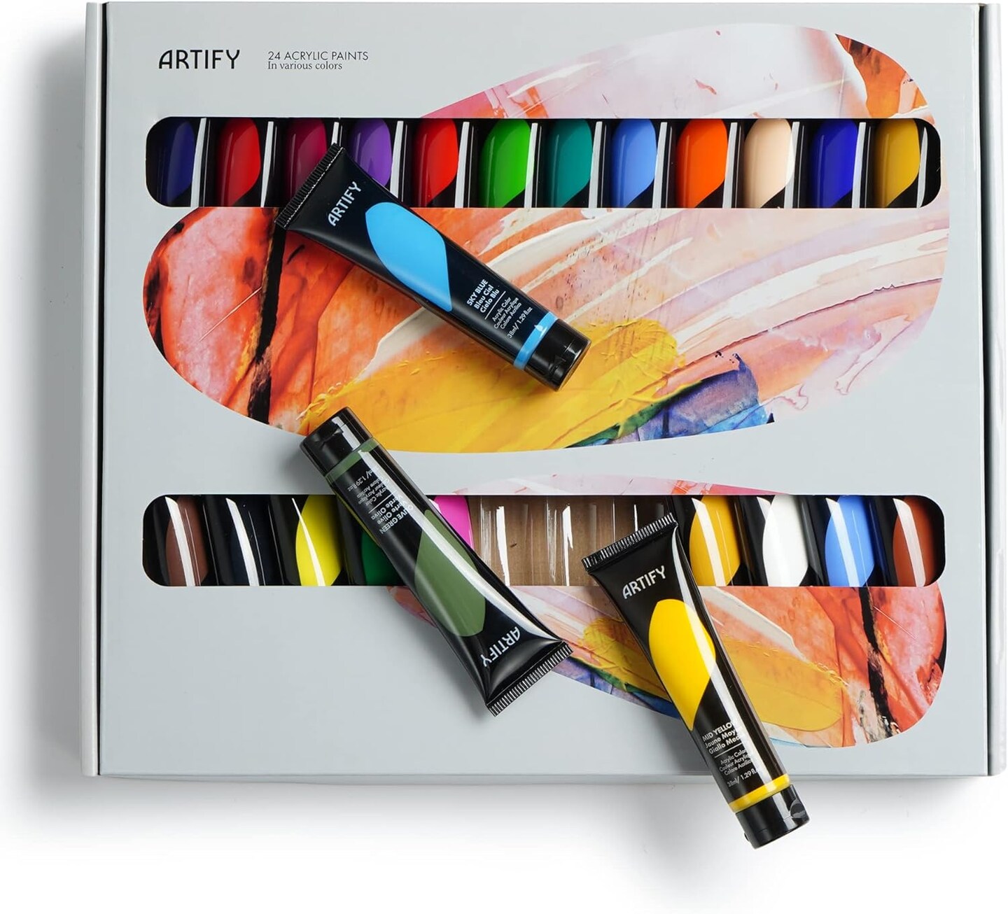 ARTIFY Acrylic Paint, Set Of 24 Color (1.29 oz, 38ml) with a storage box, Rich Pigments, Non Fading, Non Toxic Paints for Artist, Hobby Painters &#x26; Kids, Art Supplies for Canvas Painting