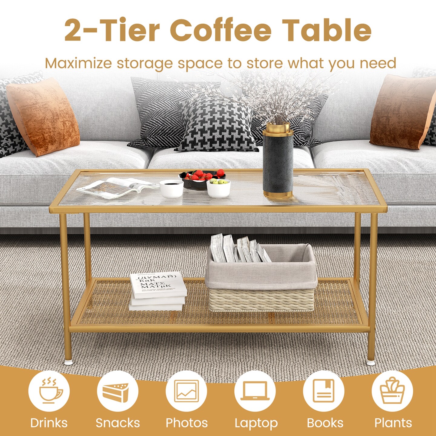 Costway 2-Tier Coffee Table with Shelf with Tempered Glass Top &#x26; Metal Frame Living Room