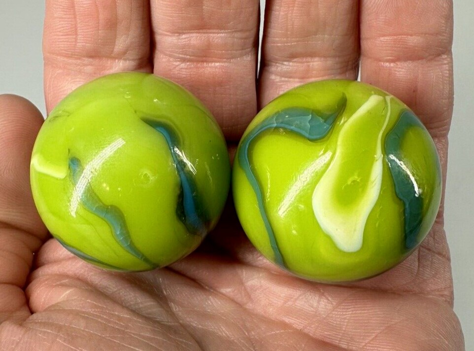 2 BOULDERS 35mm MERMAID Marbles Glass Green/Blue/White Swirl