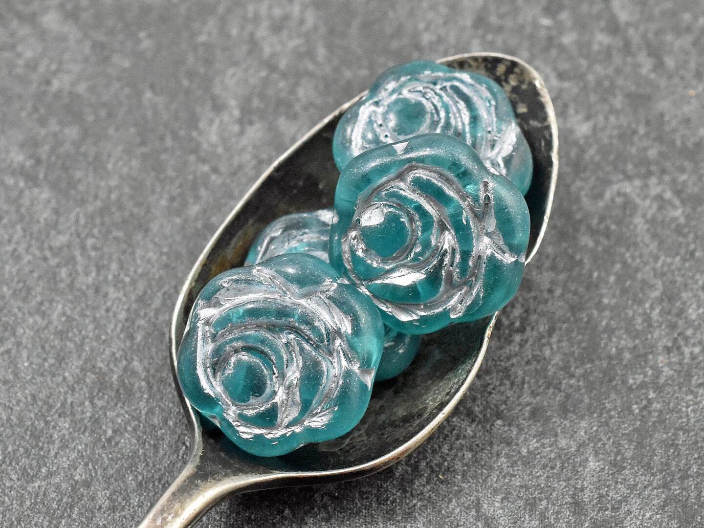 *6* 16mm Silver Washed Green Aqua Rose Flower Coin Beads