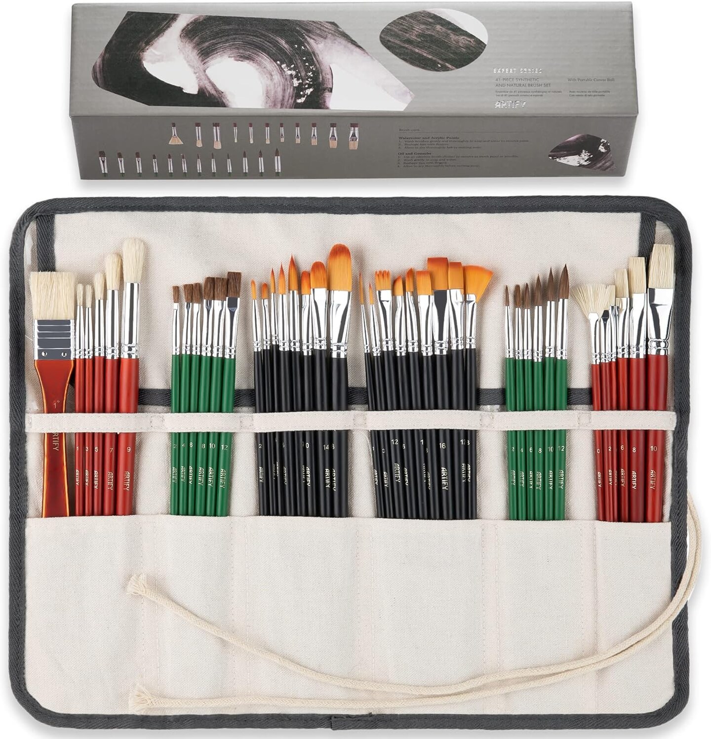 ARTIFY 41 Pieces Long Handle Paint Brushes, Expert Series, Hog Bristle, Horse Hair and Nylon Hairs Art Set Includes a Carrying Canvas Roll, for Acrylic, Oil, Watercolor and Gouache