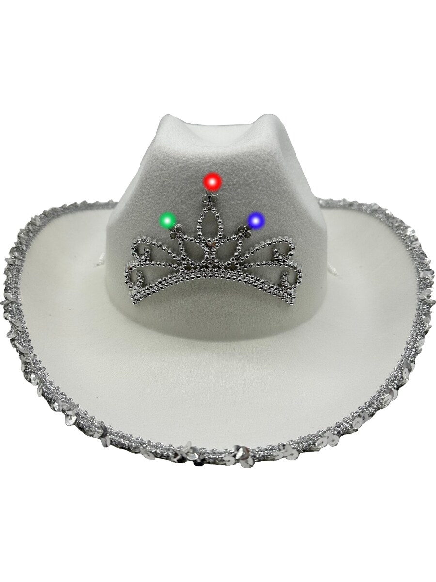 Adult&#x27;s White Cowboy Hat With Light Up Tiara And Sequin Trim