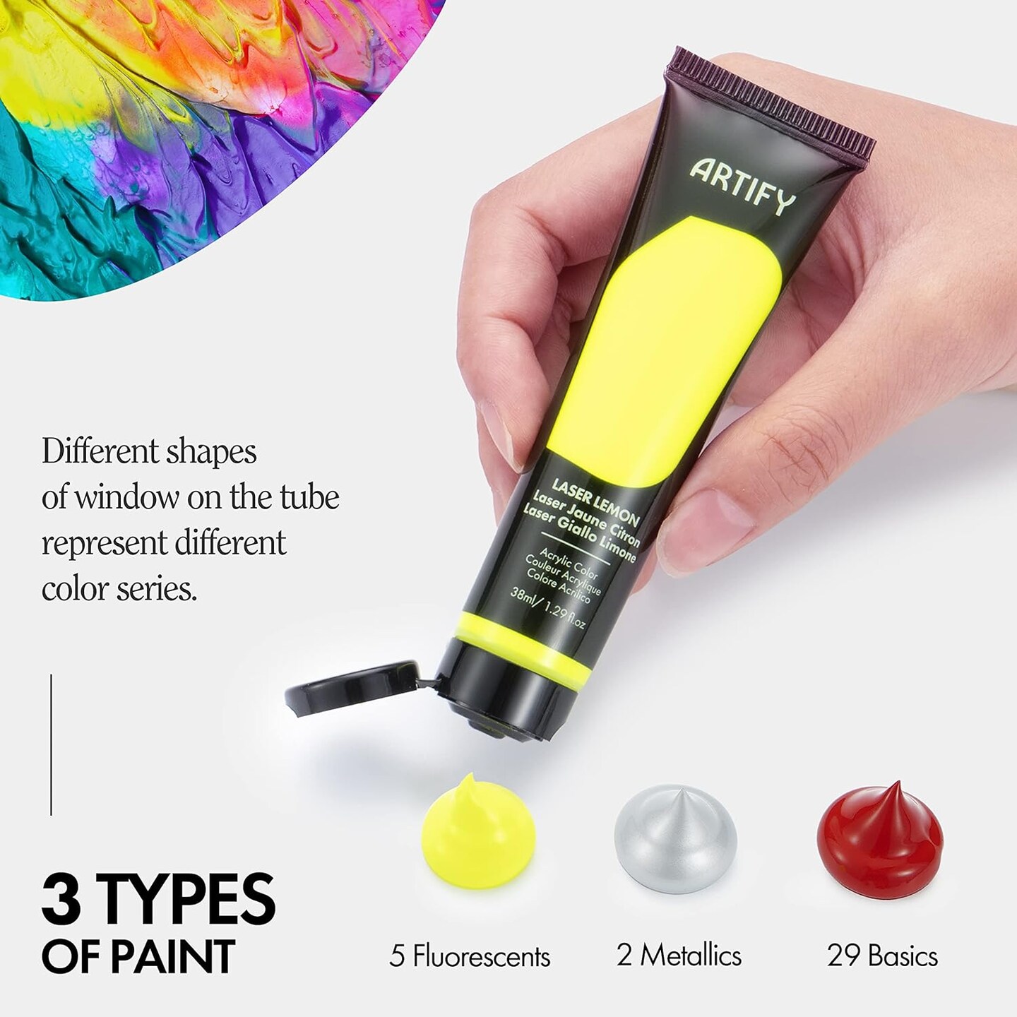 ARTIFY Acrylic Paint, Set Of 36 Color (1.29 oz, 38ml) with a storage box, Rich Pigments, Non Fading, Non Toxic Paints for Artist, Hobby Painters &#x26; Kids, Art Supplies for Canvas Painting