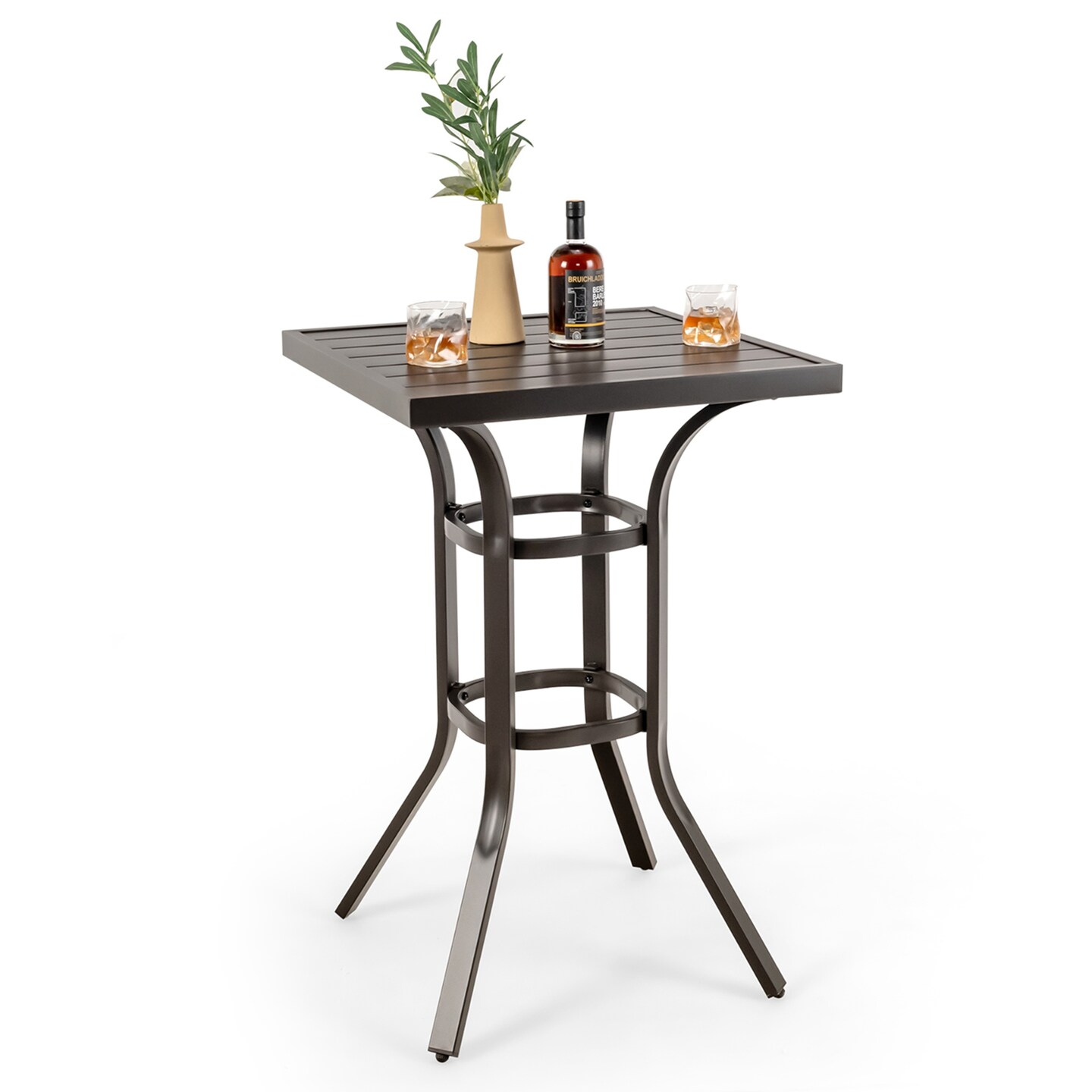 Costway Outdoor Bar Table 37" Bar Height Patio Table with Metal Frame & Slatted Tabletop