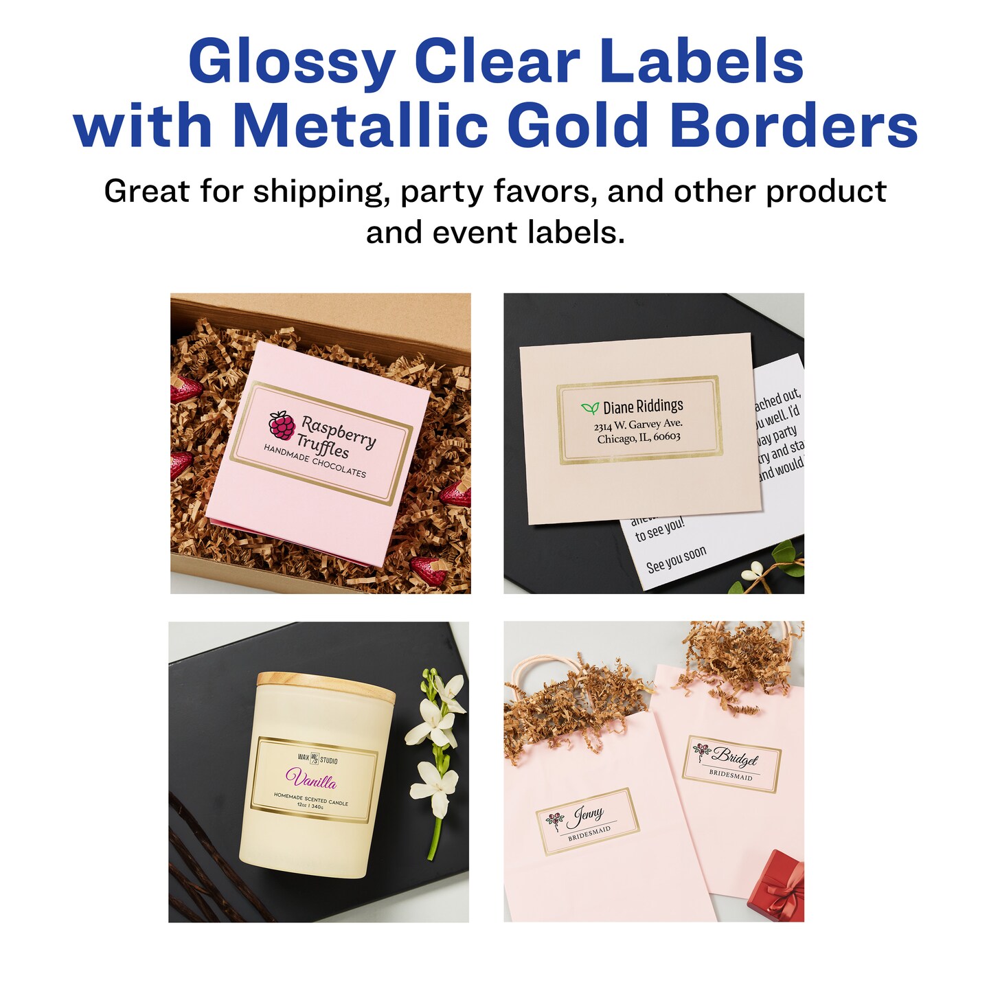 Avery Printable Glossy Clear Labels, 2" x 4" Rectangle Labels, Clear with Metallic Gold Border, Permanent Adhesive, Laser & Inkjet Compatible, 60 Blank Labels (6552)