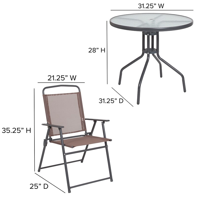 6pc patio set with umbrella Outsunny Dining Set, 6 Piece, Outdoor Umbrella, Folding Chairs & Round Table The chairs are made with breathable Teslin fabric for enhanced comfort and airflow Flash Furniture 6PC Brown Patio