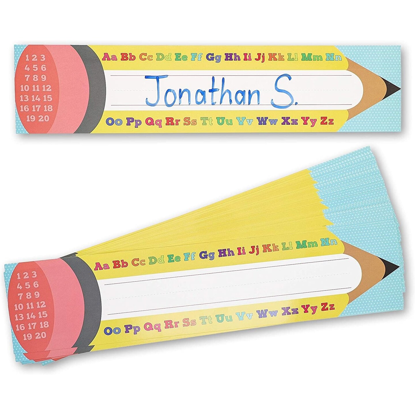 Desk Name Tags for School Classroom, Pencil Design (17.5 x 4 In, 50 Pack)